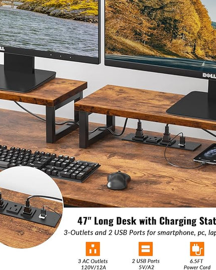 Furologee Computer Desk with Drawer and Power Outlets, 47" Office Desk with 2 Monitor Stands and Fabric File Cabinet, Writing Gaming Table with Shelves and 2 Hooks for Home Office, Rustic Brown - LeafyLoom