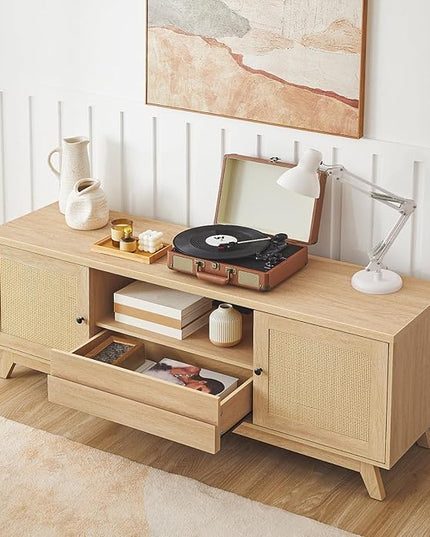 HOOBRO Rattan TV Stand for up to 65 inches TV, Large Boho Media TV Console with Charging Station, Mid Century Entertainment Center with Drawer and Adjustable Shelves for Living Room, Natural NL24UDS01 - LeafyLoom