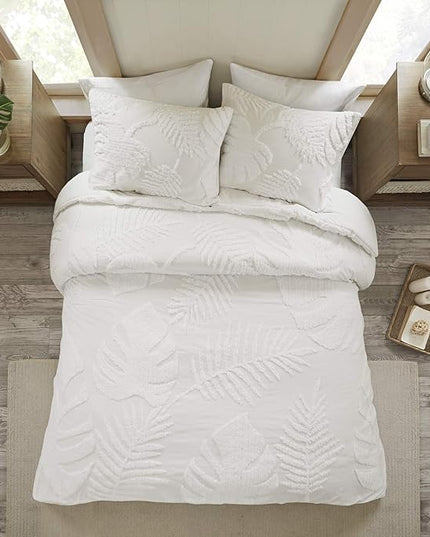 Madison Park Tufted Chenille Cotton Comforter, All Season Bedding Set, Matching Shams, Bahari, Coastal Palm Leaf Off White King/Cal King(104"x92") 3 Piece - LeafyLoom