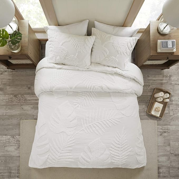 Madison Park Tufted Chenille Cotton Comforter, All Season Bedding Set, Matching Shams, Bahari, Coastal Palm Leaf Off White King/Cal King(104"x92") 3 Piece - LeafyLoom