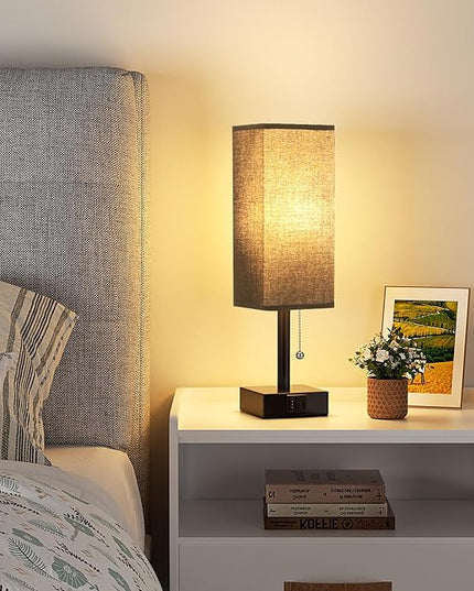 Black Small Table Lamp for Bedroom - 3 Color Temperature 3000K 5000K 4000K Bedside Lamp, Pull Chain Control, USB A and C Charging Ports, Black Base, for Kids Office Dorm Nightstand, Bulb Included - LeafyLoom