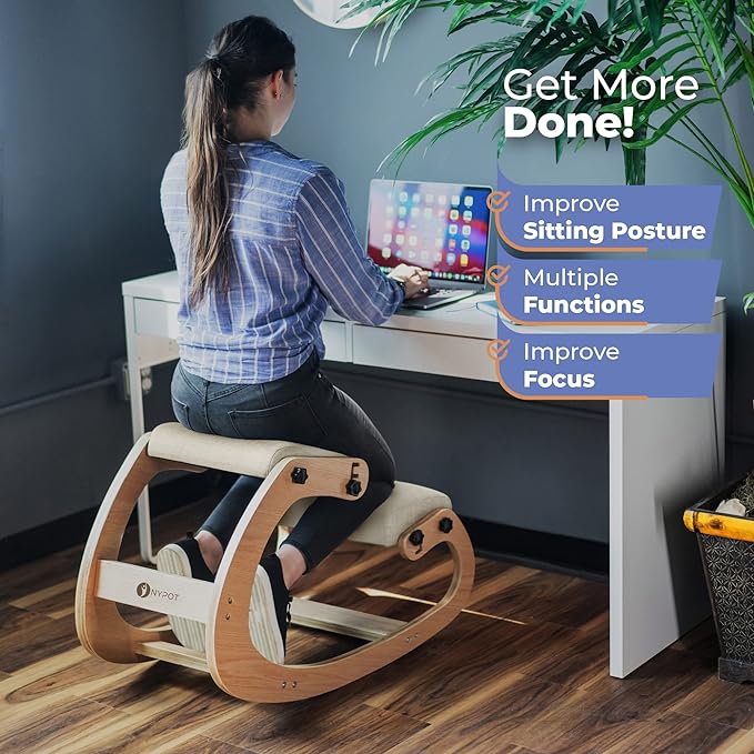 Ergonomic Kneeling Chair - Adjustable Height Rocking Knee Chair Posture Chair - Wooden Office Chair to Improve Posture - Desk Chair for Home Office Gift Woman - Angled Chair Ivory Kneeling Stool - LeafyLoom