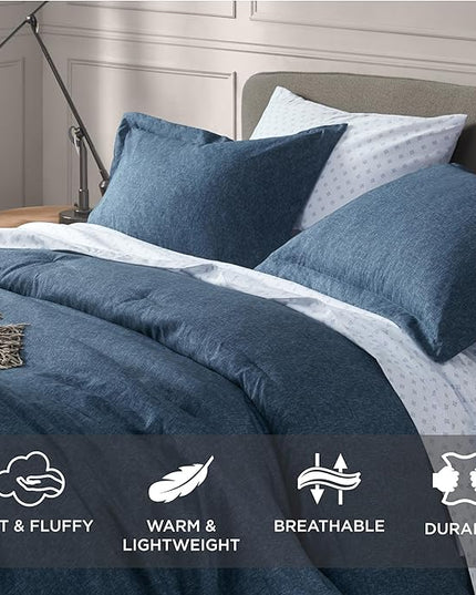 Blue Queen Comforter Set - Navy Soft Luxury Chambray Printed, All Season Lightweight Breathable Bedding Set, 3 Pieces Including 1 Comforter and 2 Pillow Shams - LeafyLoom