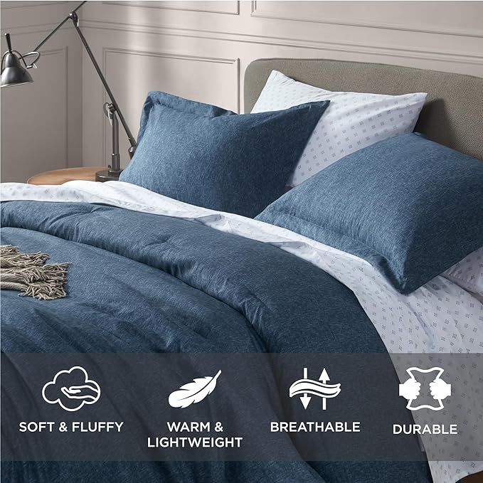Blue Queen Comforter Set - Navy Soft Luxury Chambray Printed, All Season Lightweight Breathable Bedding Set, 3 Pieces Including 1 Comforter and 2 Pillow Shams - LeafyLoom