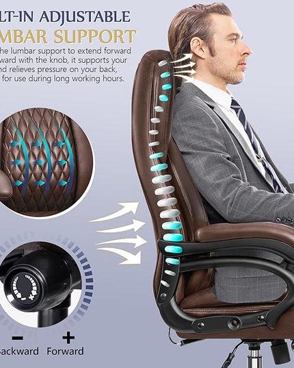 Big and Tall Office Chair 500lbs, Large High Back Executive Desk Chair with Extra Wide Seat, Heavy Duty Metal Base & Wheels, Ergonomic PU Leather Chair with Adjustable Lumbar Support, Brown - LeafyLoom