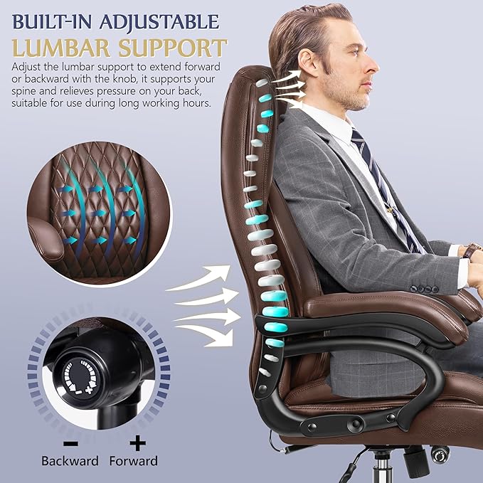 Big and Tall Office Chair 500lbs, Large High Back Executive Desk Chair with Extra Wide Seat, Heavy Duty Metal Base & Wheels, Ergonomic PU Leather Chair with Adjustable Lumbar Support, Brown - LeafyLoom