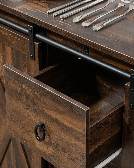 HOMCOM Industrial Farmhouse Buffet Cabinet, Kitchen Sideboard with Sliding Barn Doors, Three Drawers and Adjustable Shelves for Living Room, Rustic Brown - LeafyLoom