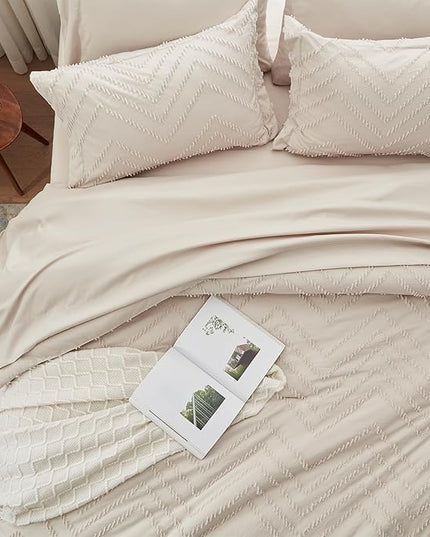 Anluoer Full Comforter Set, khaki Tufted Bed in a Bag 7 Pieces with comforters and sheets, All Season Bedding Sets with 1 Comforter, 2 PillowShams, 2 Pillowcases, 1 Flat Sheet, 1 Fitted Sheet - LeafyLoom
