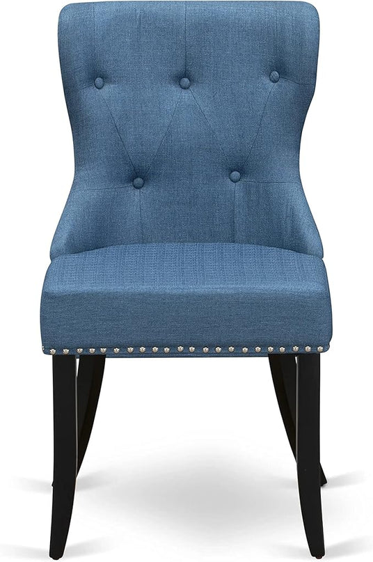 East West Furniture AMSI5-BCH-21 Antique 5 Piece Room Furniture Set Includes a Round Kitchen Table with Pedestal and 4 Blue Linen Fabric Parsons Dining Chairs, 36x36 Inch - LeafyLoom