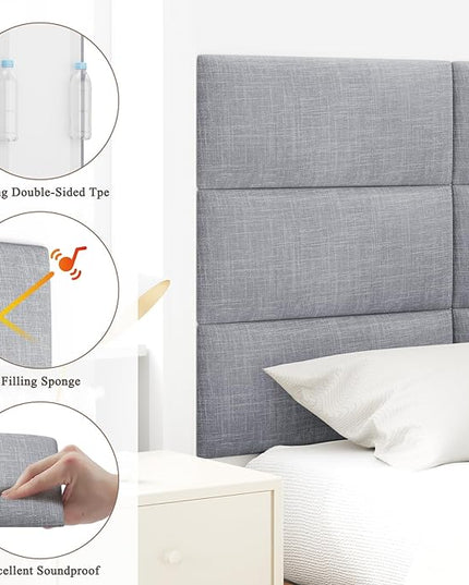 Twin Full Headboard, Wall Mounted Peel and Stick Headboard, Upholstered Tufted Bed Headboard for Twin Size Bed, Floating Dorm Bedroom Tall Headboard Soundproof Wall Panels (6 Panels, 10"x24") - LeafyLoom