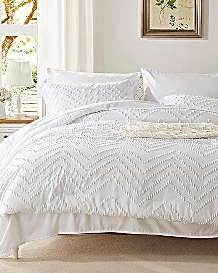 Anluoer King Bed in a Bag 7 Pieces,White Tufted Comforter Set with comforters and sheets, All Season Bedding Sets with 1 Comforter, 2 PillowShams, 2 Pillowcases, 1 Flat Sheet, 1 Fitted Sheet - LeafyLoom