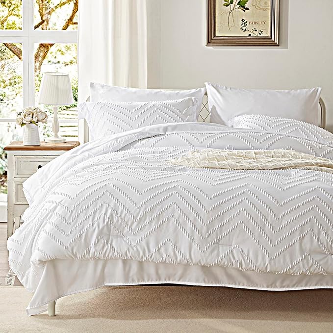 Anluoer King Bed in a Bag 7 Pieces,White Tufted Comforter Set with comforters and sheets, All Season Bedding Sets with 1 Comforter, 2 PillowShams, 2 Pillowcases, 1 Flat Sheet, 1 Fitted Sheet - LeafyLoom