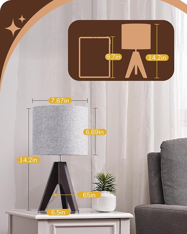 EDISHINE Boho Small Table Lamp, Walnut Color Wooden Tripod Bedside Lamp, Farmhouse Nightstand Lamp for Nursery, Bedroom, Office, Kid Room, Living Room, Grey Linen Lampshade, E26 Socket, 14.2 Inch - LeafyLoom