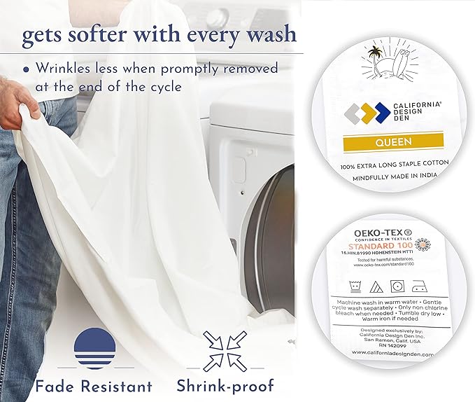 California Design Den Luxury Queen Size Sheet Set - 100% Cotton, 600 Thread Count Deep Pocket Queen Sheets, Hotel-Quality Bedding with Sateen Weave - White Embroidered Navy - LeafyLoom