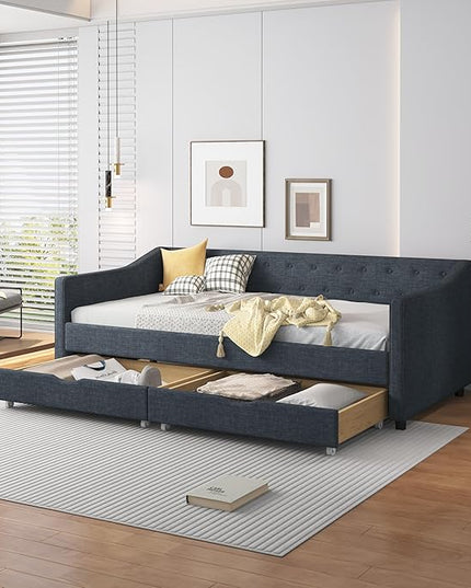 Twin Size Upholstered Daybed with 2 Drawers,Wood Sofa Bed Frame W/Button Tufted Backrest and Waved Shape Arms,Slats Support,Linen Fabric Day Bed,for Bedroom,Living Room,Apartment,Dark Gray - LeafyLoom