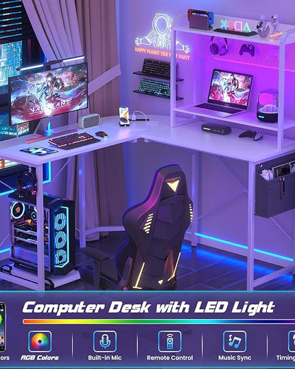 Small L Shaped Gaming Desk with Power Outlets, Corner Gaming Desk with LED Light, Reversible L-Shaped Desk with Monitor Stand & Hutch, L Shaped Desk Home Office Desk with Storage Bag, White - LeafyLoom