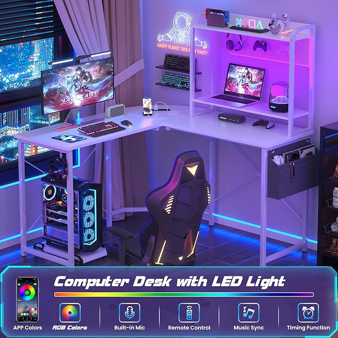 Small L Shaped Gaming Desk with Power Outlets, Corner Gaming Desk with LED Light, Reversible L-Shaped Desk with Monitor Stand & Hutch, L Shaped Desk Home Office Desk with Storage Bag, White - LeafyLoom