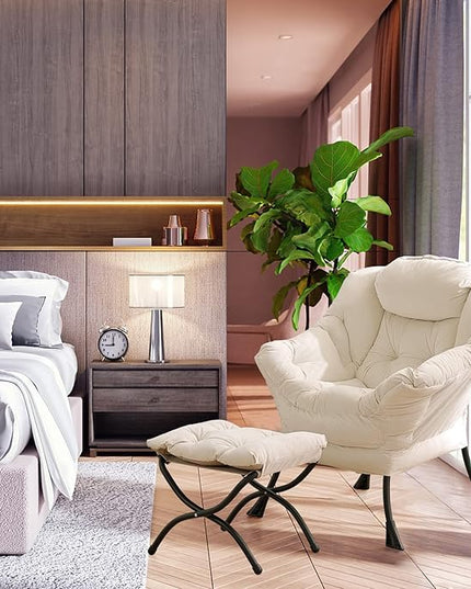 LITA Lazy Chair with Ottoman, Modern Accent Leisure Upholstered Sofa Chair, Contemporary Lounge Reading Chair with Armrests and a Side Pocket for Living Room, Bedroom & Small Space, Beige - LeafyLoom
