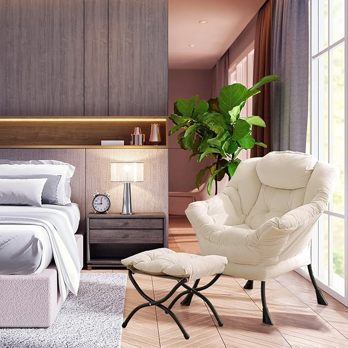 LITA Lazy Chair with Ottoman, Modern Accent Leisure Upholstered Sofa Chair, Contemporary Lounge Reading Chair with Armrests and a Side Pocket for Living Room, Bedroom & Small Space, Beige - LeafyLoom