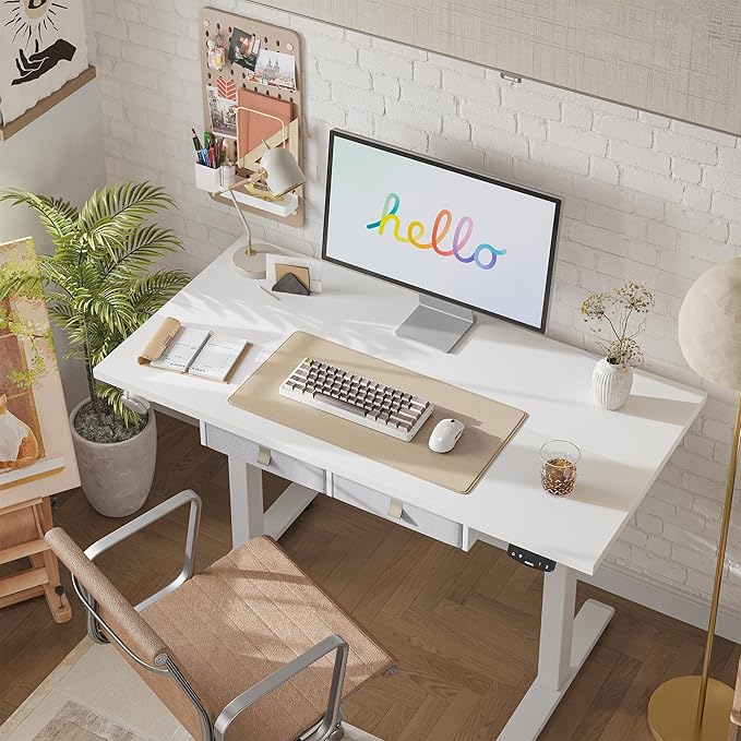 Standing Desk with 2 Drawers, Adjustable Height Electric Desk with Storage, 63 x 24 Inches Sit Stand Up Computer Table for Work Office Home, White - LeafyLoom