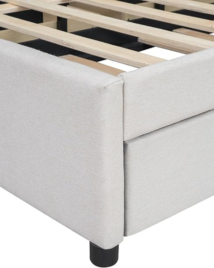 Full Size Linen Upholstered Platform Bed with Twin Size Trundle and 2 Drawers,Bedroom Bed Frame w/Brick Pattern Headboard,Wooden Slats Supproted,for Teens Kids Adults,Beige - LeafyLoom