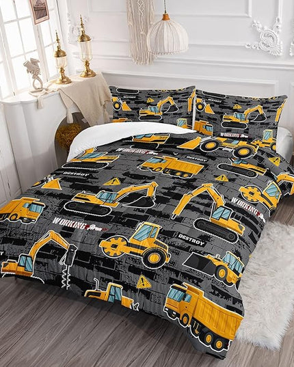 Datura home Kids Engineering Car Bedding Comforter Set Tractor Truck Printed Pattern Bedding Set with 1 Comforter and 2 Pillowcases for Boys Bedroom All Season(Truck2 Full) Full 80x90inches - LeafyLoom