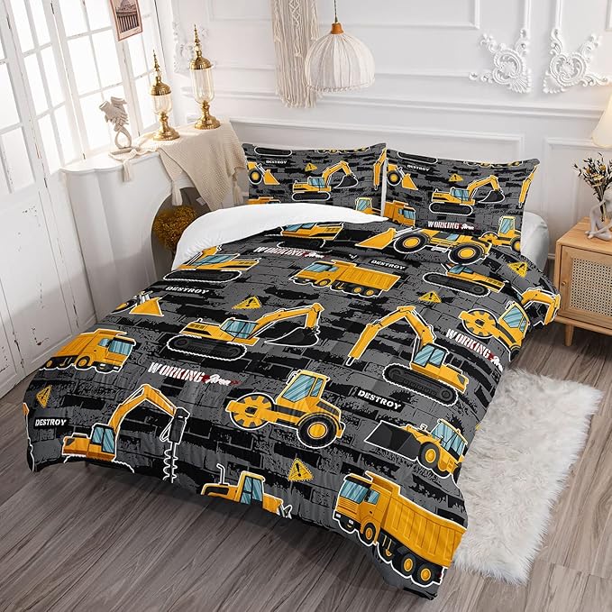 Datura home Kids Engineering Car Bedding Comforter Set Tractor Truck Printed Pattern Bedding Set with 1 Comforter and 2 Pillowcases for Boys Bedroom All Season(Truck2 Full) Full 80x90inches - LeafyLoom