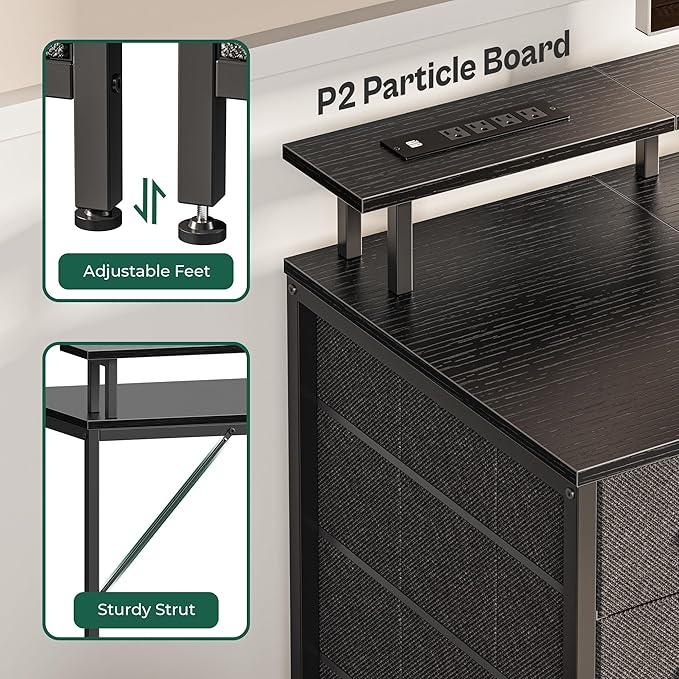 55 Inch Computer Desk with Power Outlets and LED Lights, Gaming Desk with 4 Drawers, Office Desk with Monitor Stand, Study Desk Work Desk for Home Office, Black - LeafyLoom