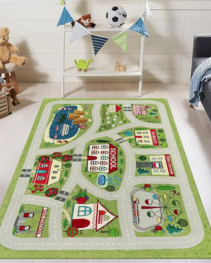LIVEBOX Green Kids Rug for Kids Room, 3'x5' Washable Road Rug for Playroom, Non-Slip Soft Toy Car Rug for Baby Nursery, Small City Traffic Playmat for Boys Girls Dorm Bedroom Tent - LeafyLoom