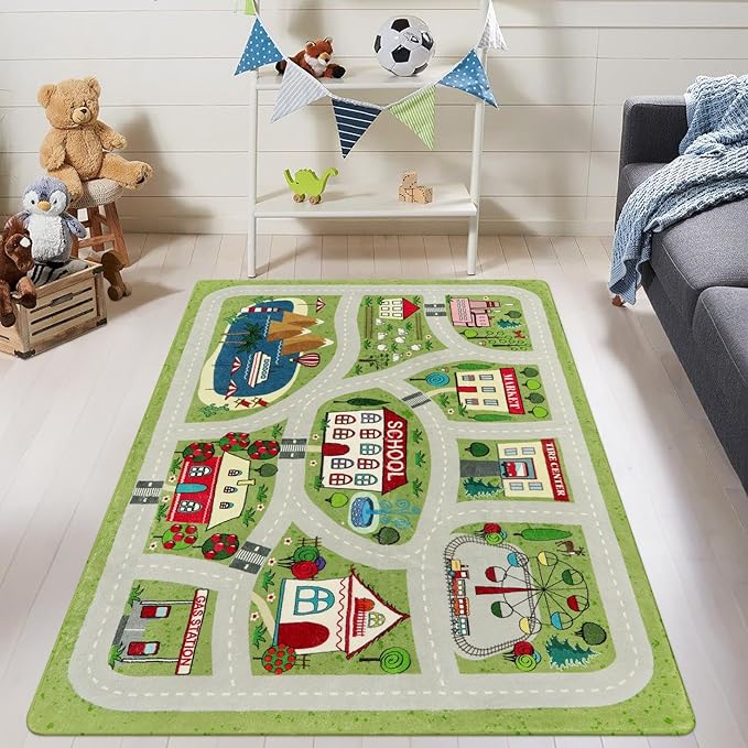 LIVEBOX Green Kids Rug for Kids Room, 3'x5' Washable Road Rug for Playroom, Non-Slip Soft Toy Car Rug for Baby Nursery, Small City Traffic Playmat for Boys Girls Dorm Bedroom Tent - LeafyLoom
