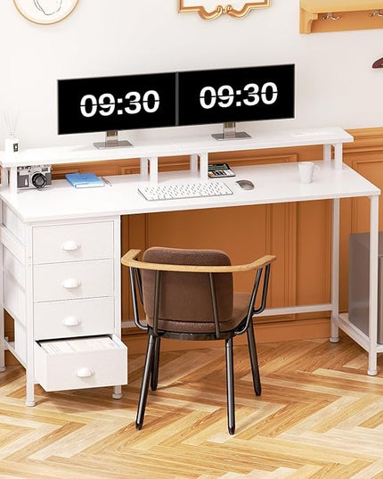 Furologee 55in Computer Desk with 4 Drawers, LED Gaming Desk with Power Outlets, Office Desk with Full Monitor Stand and Storage Shelf, Study Work Desk for Home Office Bedroom, White - LeafyLoom