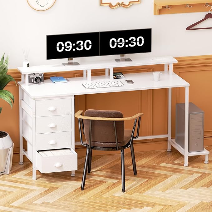 Furologee 55in Computer Desk with 4 Drawers, LED Gaming Desk with Power Outlets, Office Desk with Full Monitor Stand and Storage Shelf, Study Work Desk for Home Office Bedroom, White - LeafyLoom