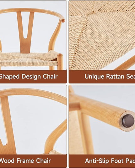 Farini Rattan Chairs for Dining Room Wishbone Chair Solid Wood Armchairs Y Shaped Backrest Hemp Seat for Home Restaurant Fully-Assembled(Set of 2,Nature-Beige Seat) - LeafyLoom