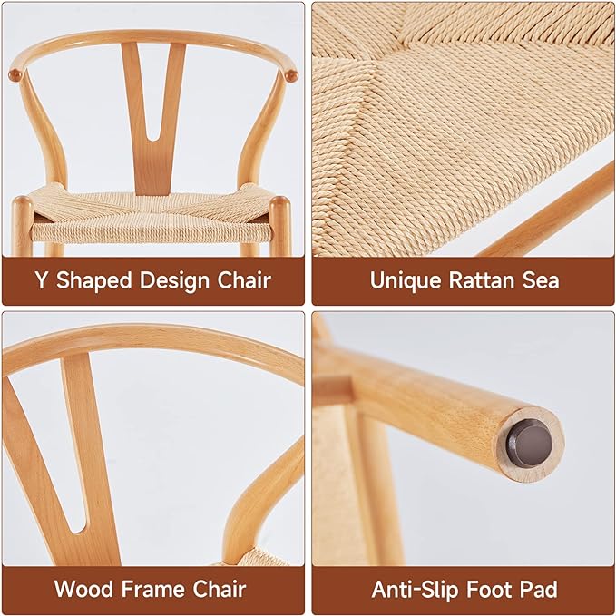 Farini Rattan Chairs for Dining Room Wishbone Chair Solid Wood Armchairs Y Shaped Backrest Hemp Seat for Home Restaurant Fully-Assembled(Set of 2,Nature-Beige Seat) - LeafyLoom