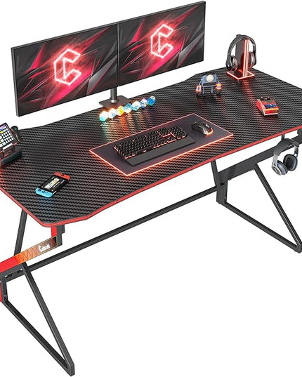 CubiCubi Simple Gaming Desk Z Shaped 55 inch Gamer Workstation, Home Computer Carbon Fiber Surface Gaming Desk PC Table with Headphone Hook - LeafyLoom