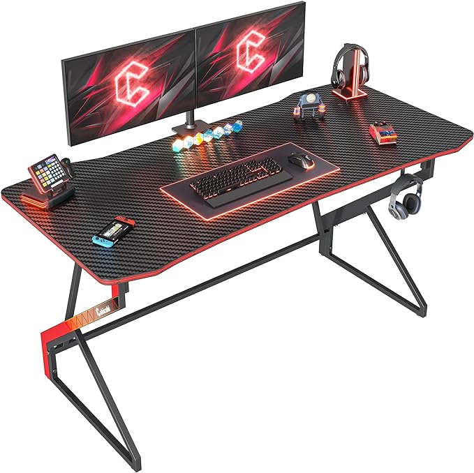 CubiCubi Simple Gaming Desk Z Shaped 55 inch Gamer Workstation, Home Computer Carbon Fiber Surface Gaming Desk PC Table with Headphone Hook - LeafyLoom