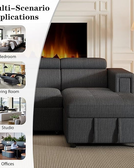 96“ L-Shape Sectional Sleeper Sofa with Pull out Bed, Adjustable Headrest &Storage Chaise, Linen Upholstered Convertible Couch w/Wireless Charging &Cup Holders, for Living Room Apartment - LeafyLoom