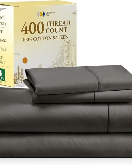 California Design Den Softest 100% Cotton Sheets 400 Thread Count Sateen, 4 Pc Bed Sheet Set, Deep Pocket Sheets, Cooling Sheets, Cal King Sheets (Grey) - LeafyLoom