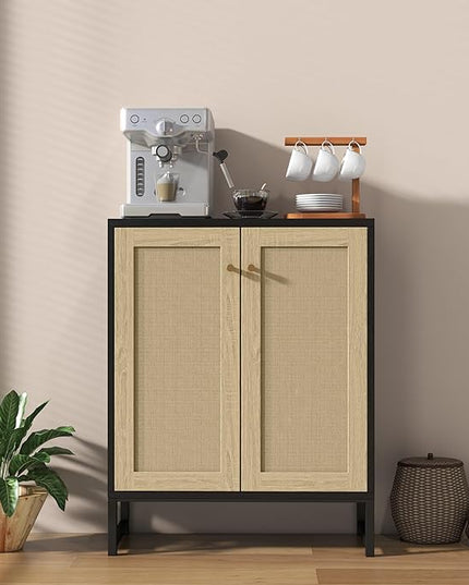 Panana Rattan Decorated 2 Doors Storage Cabinet Accent Cabinet Living Room Cupboard Kitchen Sideboard Buffet Table (Black Cabinet) - LeafyLoom