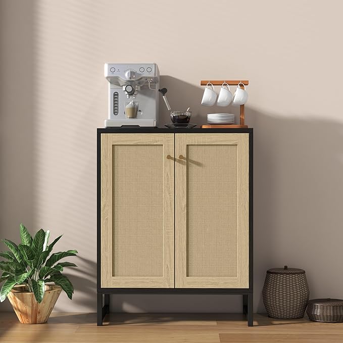 Panana Rattan Decorated 2 Doors Storage Cabinet Accent Cabinet Living Room Cupboard Kitchen Sideboard Buffet Table (Black Cabinet) - LeafyLoom