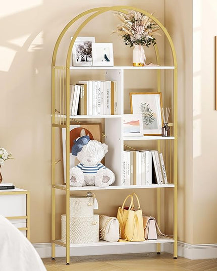 YITAHOME Gold Arched Bookshelf and Bookcase, 5 Tier Standing Book Shelf, Storage Display Rack Shelves for Bedroom Living Room Office,White&Gold - LeafyLoom