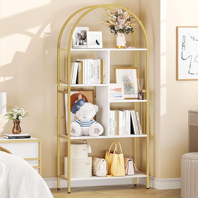 YITAHOME Gold Arched Bookshelf and Bookcase, 5 Tier Standing Book Shelf, Storage Display Rack Shelves for Bedroom Living Room Office,White&Gold - LeafyLoom
