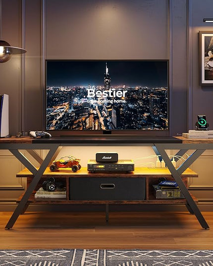 Bestier 70 Inch Gaming Tv Stands for Living Room with Power Outlet for TVs up to 75", Black Entertainment Center with Led Lights for Living Room Bedroom. Rustic Brown - LeafyLoom