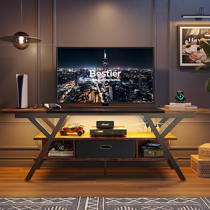 Bestier 70 Inch Gaming Tv Stands for Living Room with Power Outlet for TVs up to 75", Black Entertainment Center with Led Lights for Living Room Bedroom. Rustic Brown - LeafyLoom