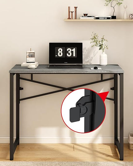 39 Inch Foldable Computer Desk, Folding Space-Saving Home Office Table, Study Writing Gaming Workstation for Small Space, No Assembly Needed,Grey Oak - LeafyLoom
