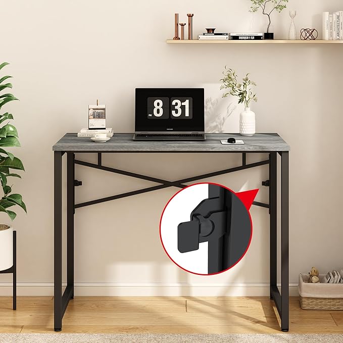 39 Inch Foldable Computer Desk, Folding Space-Saving Home Office Table, Study Writing Gaming Workstation for Small Space, No Assembly Needed,Grey Oak - LeafyLoom