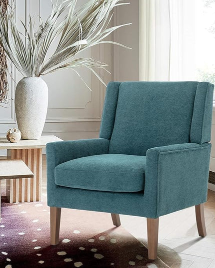 COLAMY Modern Wingback Living Room Chair, Upholstered Fabric Accent Armchair, Single Sofa chair with Lounge Seat and Wood Legs for Bedroom/Office/Reading Spaces, Teal - LeafyLoom