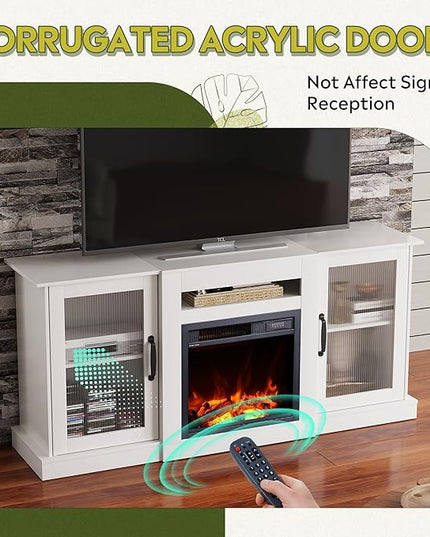 WLIVE Fireplace TV Stand for 65" TV, Entertainment Center with 18 Inch Electric Fireplace, TV Console with Open Shelves for Living Room and Bedroom, White - LeafyLoom