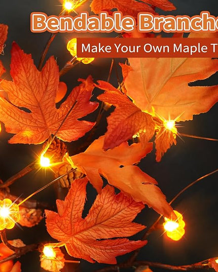 22 Inch Lighted Maple Tree Fall Tree Thanksgiving Tree Decorations with 6 Acorns & Pumpkins & Pinecones Autumn Decor with 18 LED Thanksgiving Decorations Indoor for Harvest, Fall, Party, Table - LeafyLoom