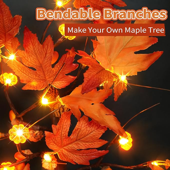 22 Inch Lighted Maple Tree Fall Tree Thanksgiving Tree Decorations with 6 Acorns & Pumpkins & Pinecones Autumn Decor with 18 LED Thanksgiving Decorations Indoor for Harvest, Fall, Party, Table - LeafyLoom